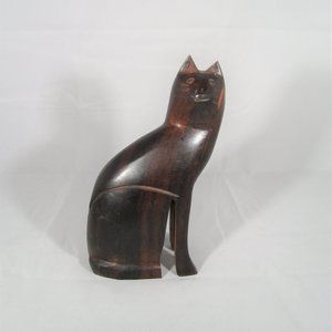 Vintage MCM Brown Wood Carved Cat Made in Mexico Wooden Decor